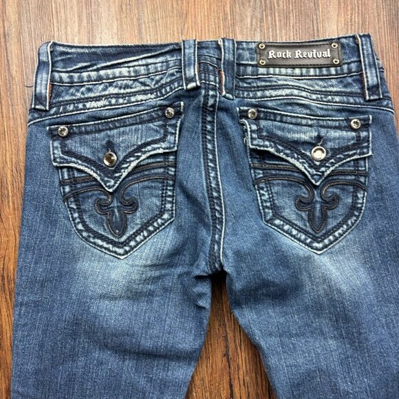 Rock Revival Gwen Boot Jeans Rhinestones Distressed Medium Wash Women’s Size 30 - Picture 4 of 13